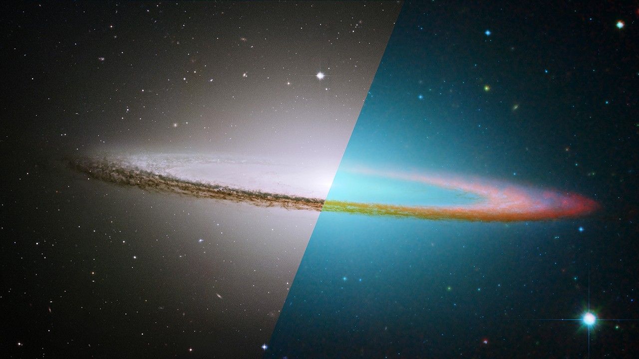 Image of a disc-shaped galaxy from the side; half of the image shows visible light, half shows infrared light