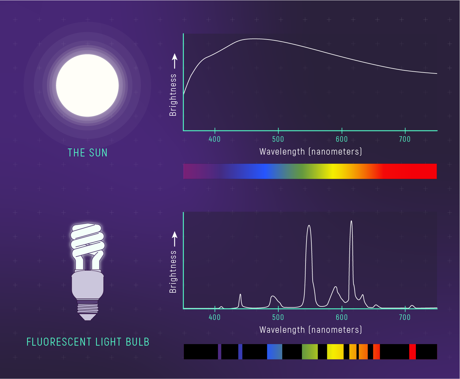 Comparison of the light spectrum of the Sun in picture and graph form, to the spectrum of a fluorescent light bulb in picture and graph form.