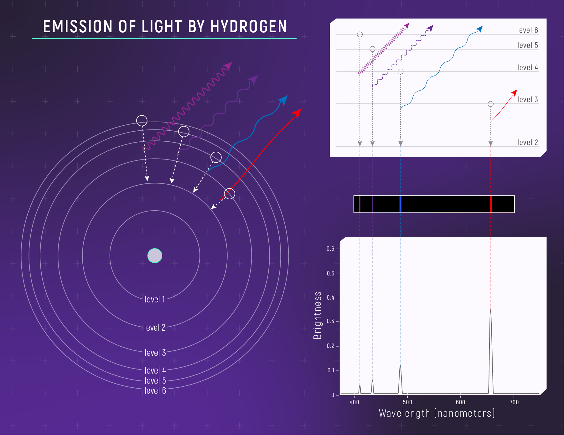 Four-part infographic illustrating the relationship between the change in energy level of an electron, the wavelength (color) of light emitted by the atom, and the emission lines in the spectrum.