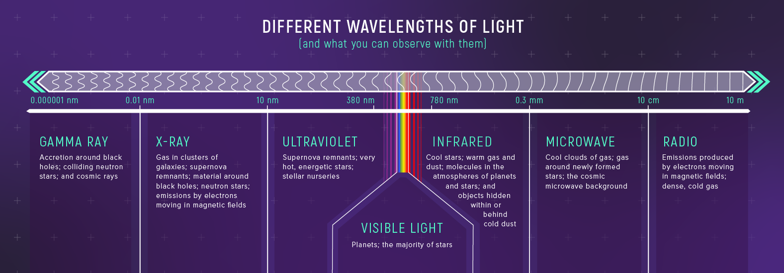 Graphic shows the shortest, most energetic wavelengths at the left and the longest, least energetic to the right. Under each type of light is a description of what can be observed with it.