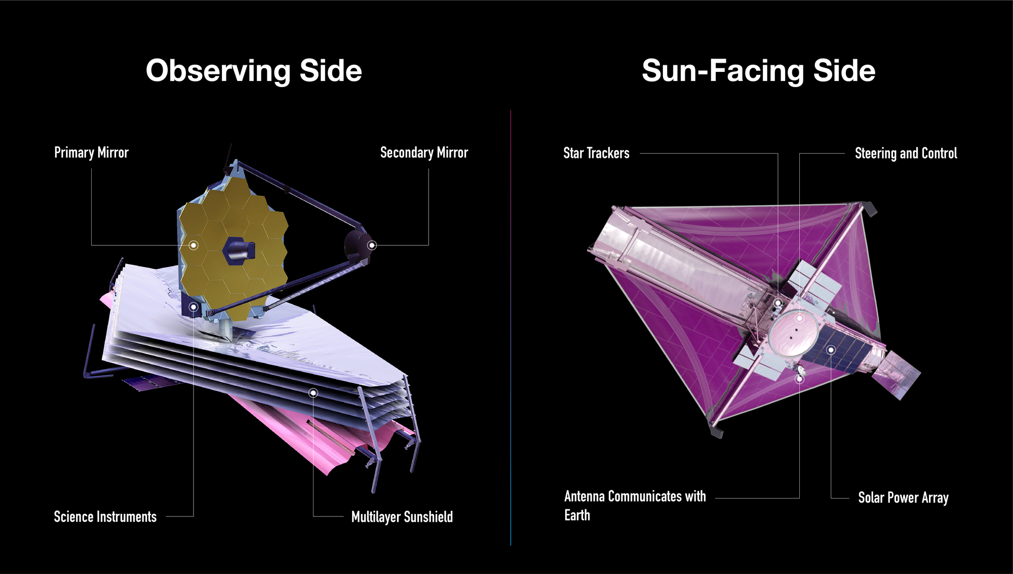 A horizontal infographic shows two views of the James Webb Space Telescope set against a black background. The left image of the telescope is labeled Observing Side. The right image is labeled Sun-Facing Side. Each has four labels.