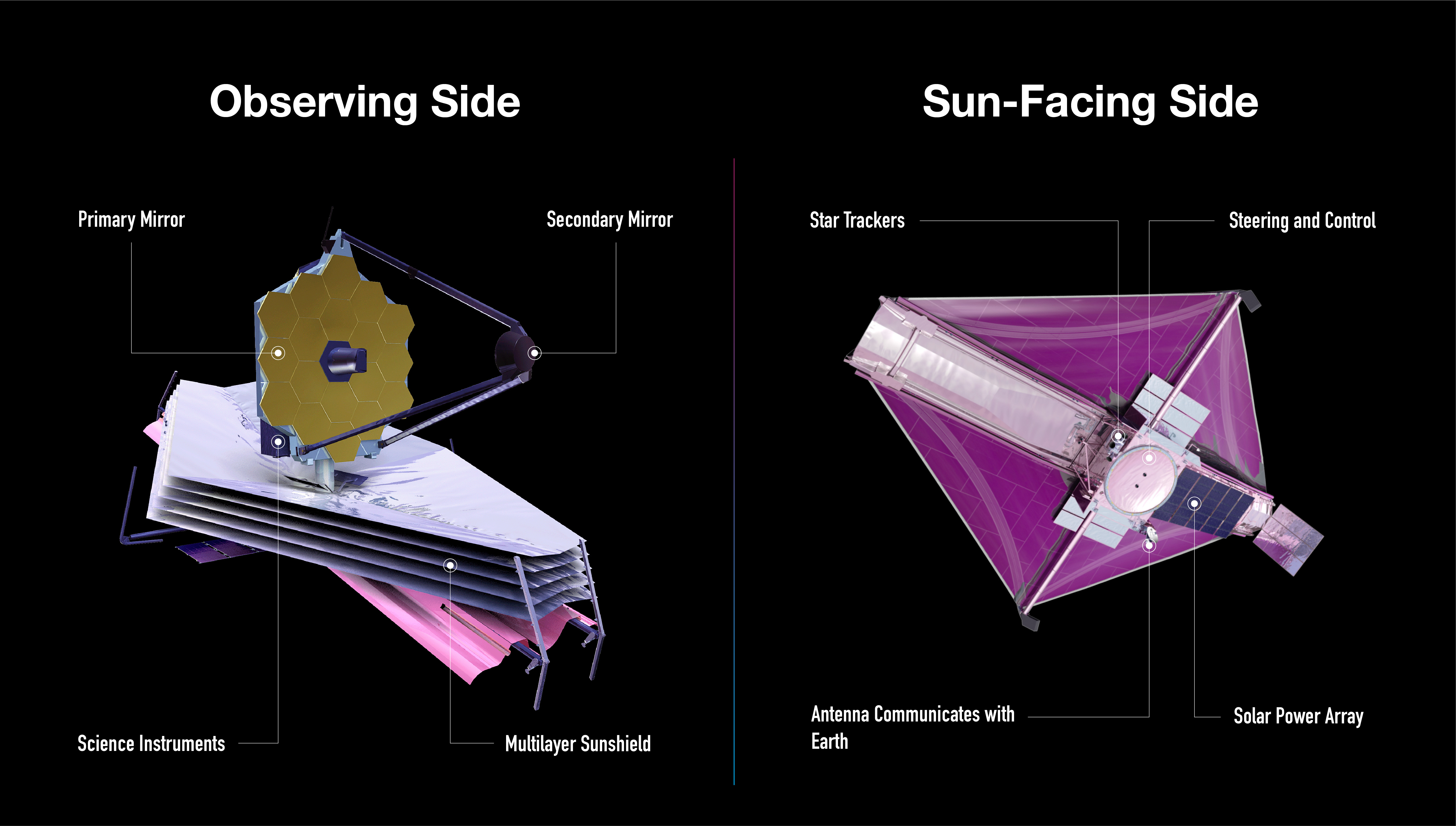 A horizontal infographic shows two views of the James Webb Space Telescope set against a black background. The left image of the telescope is labeled Observing Side. The right image is labeled Sun-Facing Side. Each has four labels.