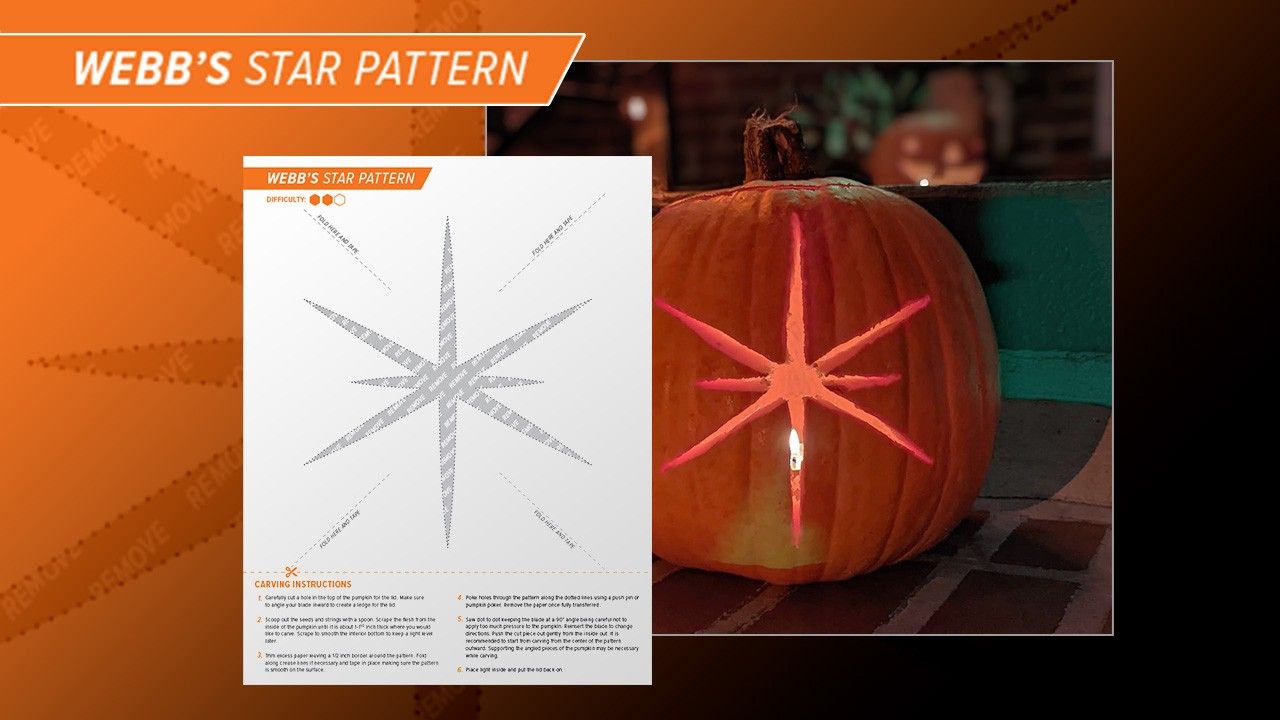 Webb's Star Pattern: Photograph of a lit jack-o'-lantern carved with Webb's characteristic eight-pointed diffraction pattern. Next to the photograph is the stencil with instructions used for the carving. The pattern consists of eight spikes radiating from a central point. Six are long and two are short. From the center, the long spikes point roughly in the 2, 4, 6, 8, 10, and 12 o'clock directions. The short spikes point toward 3 and 9 o'clock.