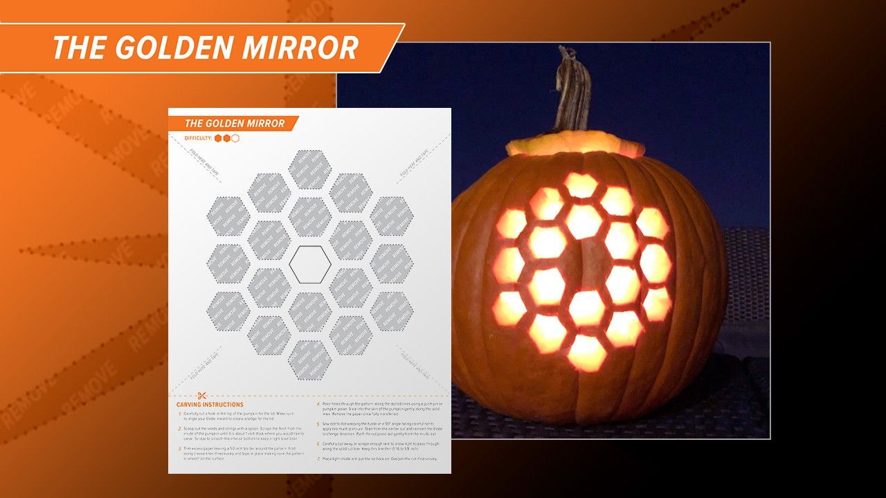 The Golden Mirror: Photograph of a lit jack-o'-lantern carved with Webb's characteristic 18-segment hexagonal mirror pattern. Next to the photograph is the stencil with instructions used for the carving.