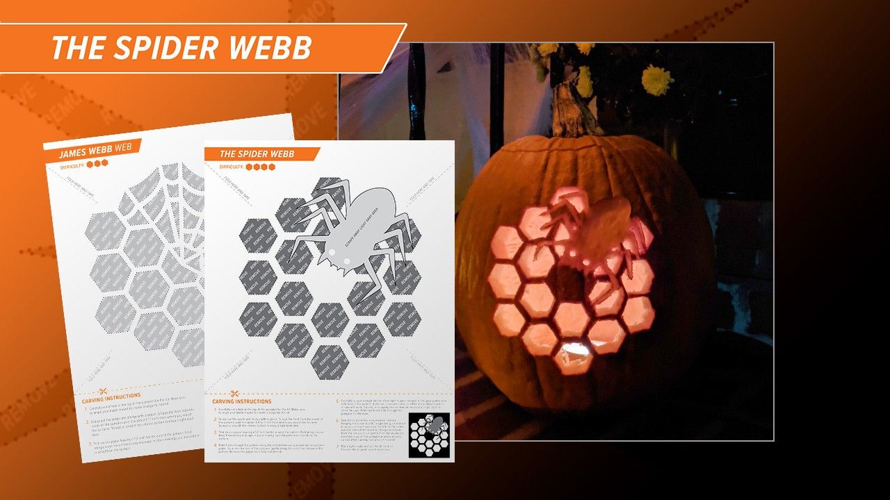 Spider Webbs: Photograph of a lit jack-o'-lantern carved with Webb's characteristic segmented hexagonal mirror pattern overlaid with the shape of a spider. Next to the photograph are two stencils with instructions. One stencil is that used for the carving in the photo. The other stencil has a mirror pattern in the bottom-left that transitions to a spider web pattern in the upper-right.