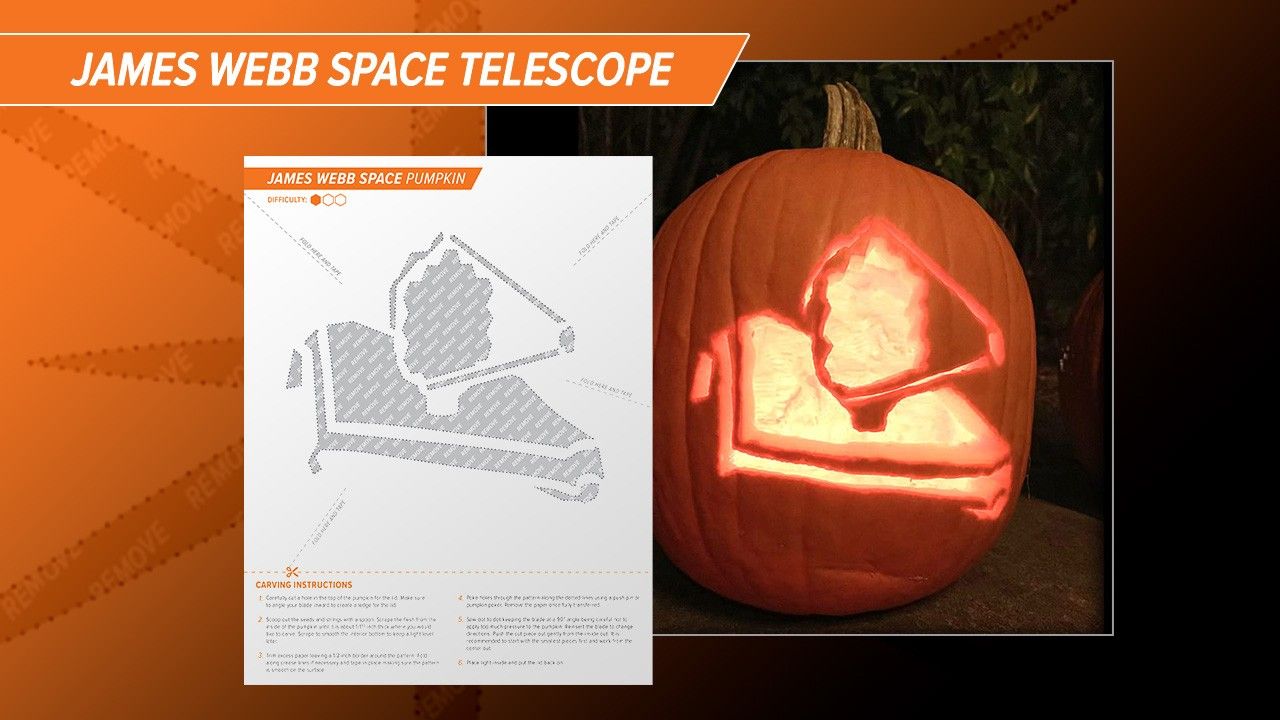 James Webb Space Telescope: Photograph of a lit jack-o'-lantern carved with Webb's characteristic silhouette, including its primary mirror, secondary mirror, and sunshield. Next to the photograph is the stencil with instructions used for the carving.