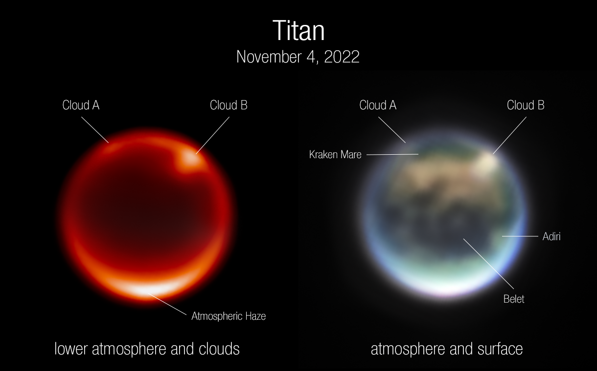 Side-by-side images of Saturn’s moon Titan, captured by Webb’s Near-Infrared Camera on November 4, 2022, with clouds and other features labeled. Left image labeled “lower atmosphere and clouds” is various shades of red. Right image labeled “atmosphere and surface,” is shades of white, blue, and brown.