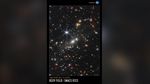 Colorful near-infrared image of the galaxy cluster SMACS 0723 outlined in white, set on a black background. The words “NIRCam Image” are set in very small white type on the bottom right of the image. The title is set below the image, along the bottom of the poster: “James Webb Space Telescope” appears in small orange type on the top line with “Deep Field SMACS 0723” in large white type on the bottom line. The poster has a portrait orientation.