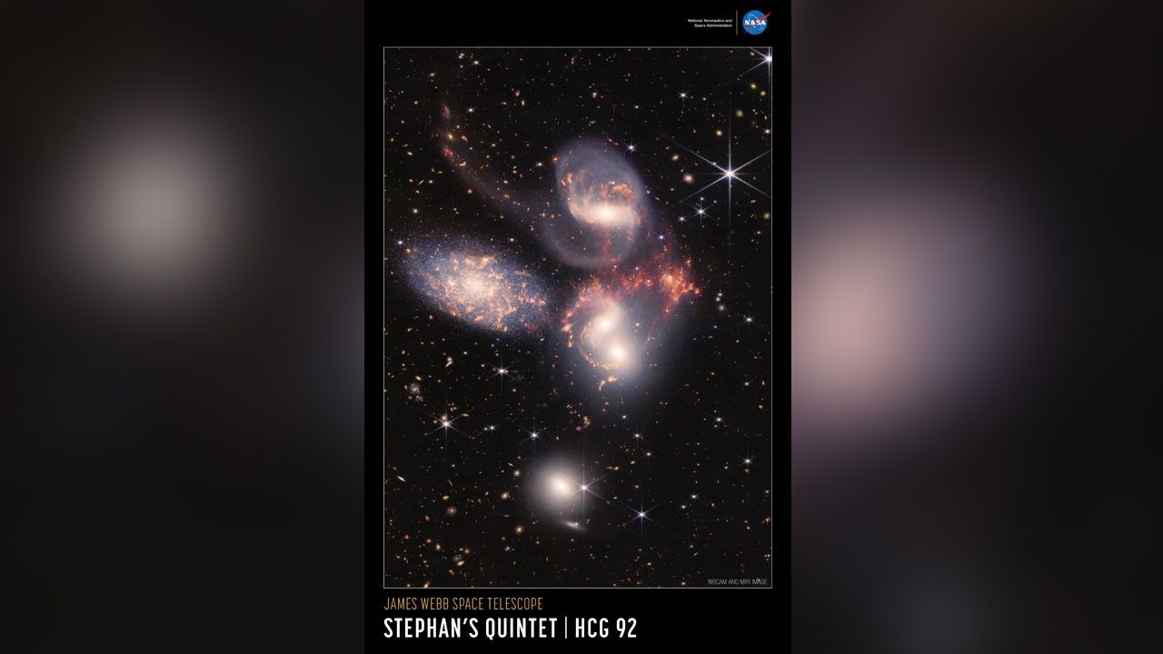 Colorful near- and mid-infrared image of a group of five galaxies known as Stephan’s Quintet, outlined in white and set on a black background. The words “NIRCam and MIRI Image” are set in very small white type on the bottom right of the image. The title is set below the image, along the bottom of the poster: “James Webb Space Telescope” appears in small orange type on the top line with “Stephan’s Quintet, HCG 92” in large white type on the bottom line. The poster has a portrait orientation.