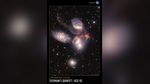 Colorful near- and mid-infrared image of a group of five galaxies known as Stephan’s Quintet, outlined in white and set on a black background. The words “NIRCam and MIRI Image” are set in very small white type on the bottom right of the image. The title is set below the image, along the bottom of the poster: “James Webb Space Telescope” appears in small orange type on the top line with “Stephan’s Quintet, HCG 92” in large white type on the bottom line. The poster has a portrait orientation.