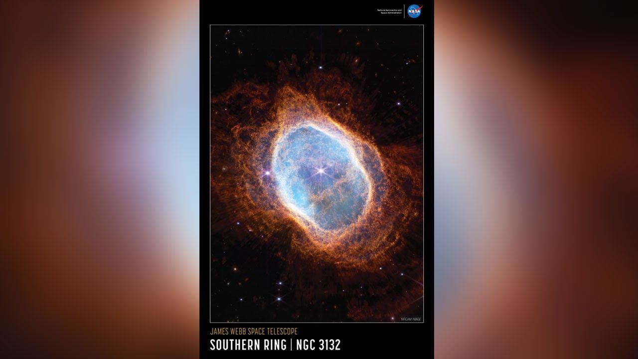 Colorful near-infrared image of the Southern Ring Nebula outlined in white, set on a black background. The words “NIRCam Image” are set in very small white type on the bottom right of the image. The title is set below the image, along the bottom of the poster: “James Webb Space Telescope” appears in small orange type on the top line with “Southern Ring, NGC 3132” in large white type on the bottom line. The poster has a portrait orientation.