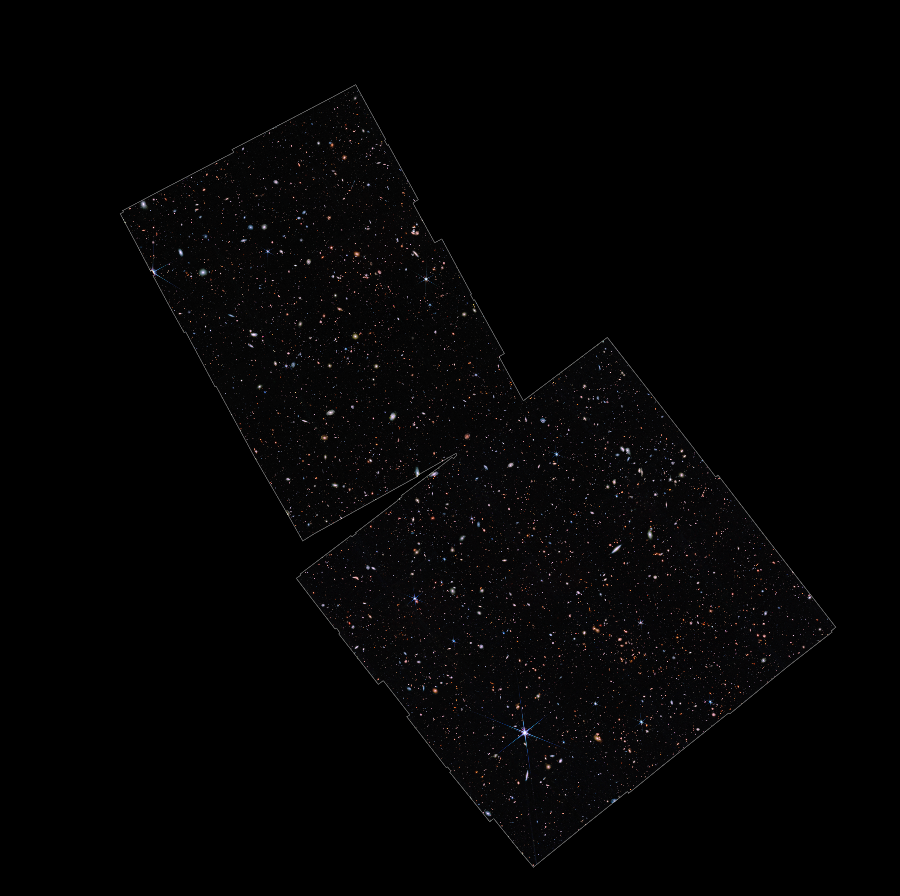 On a black background, two white, rectangular outlines are connected at one corner. Within the two outlines are hundreds of small galaxies of all colors.