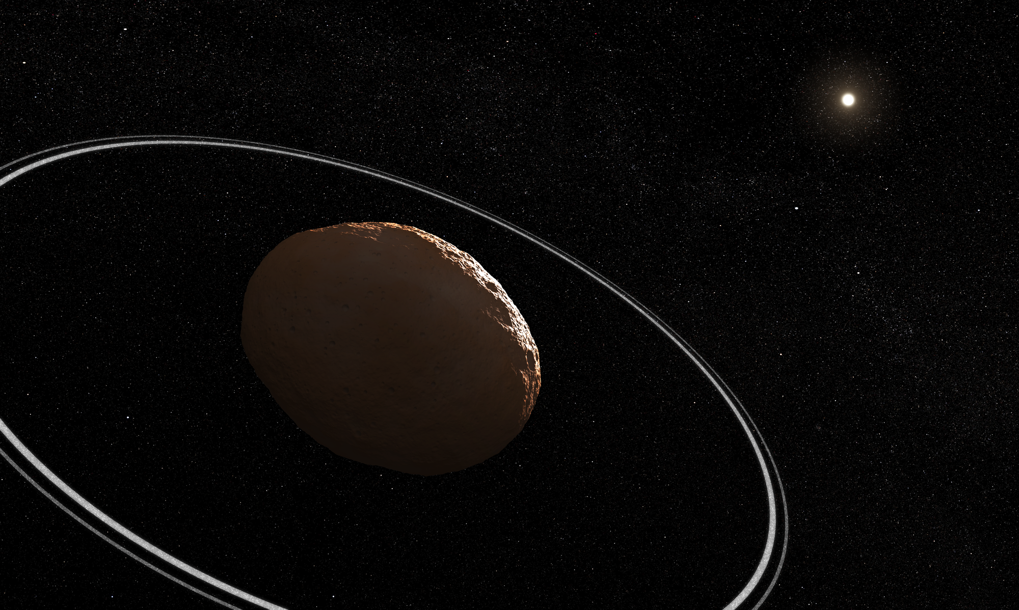 Illustration of a solid, brownish orange, ovoid-shaped body surrounded by two white rings, with a star in the background.