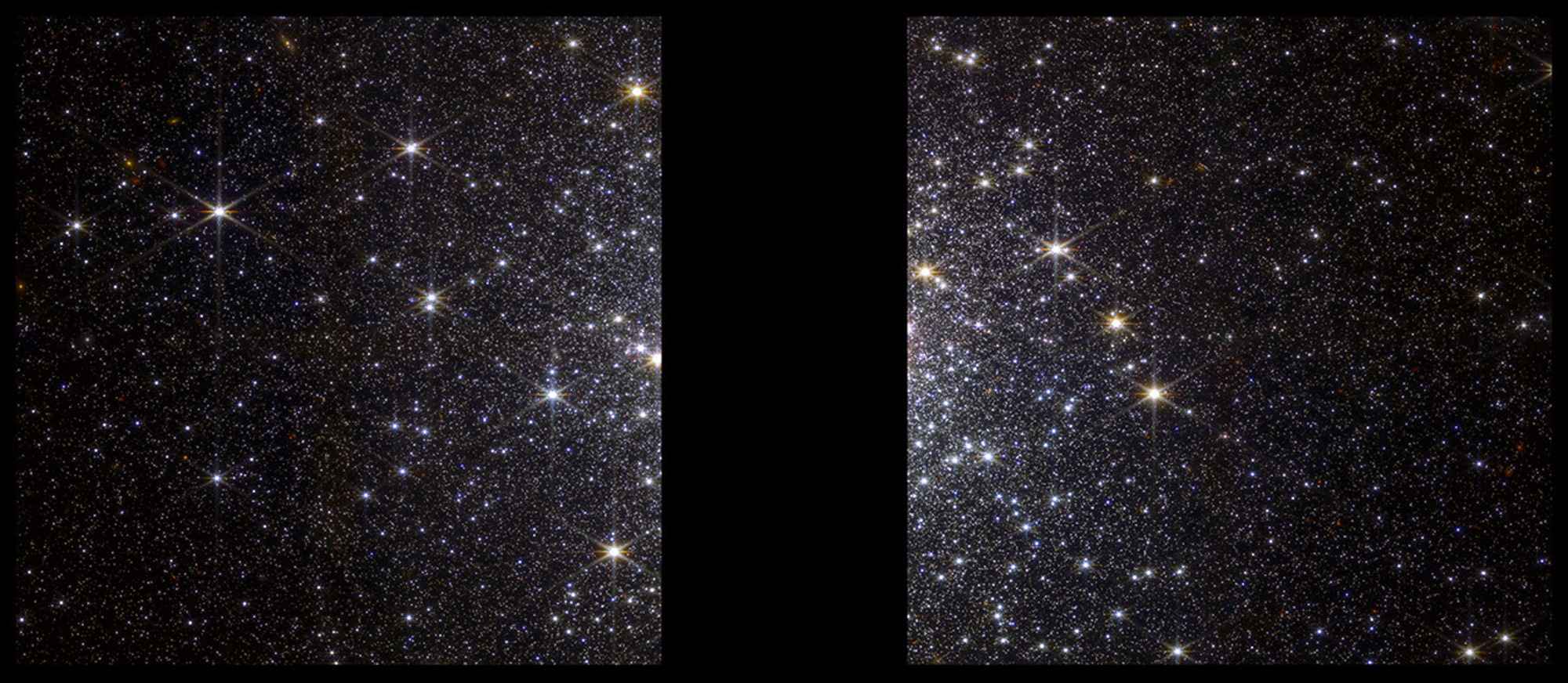 A rectangular image oriented horizontally appears to be two separate square images with a wide black gap in between. Both squares are filled with blue, white, yellow, and red points of light of different size and brightness, most of which are stars. Altogether, the stars appear to form a loose ball-like shape whose core is obscured by the gap .