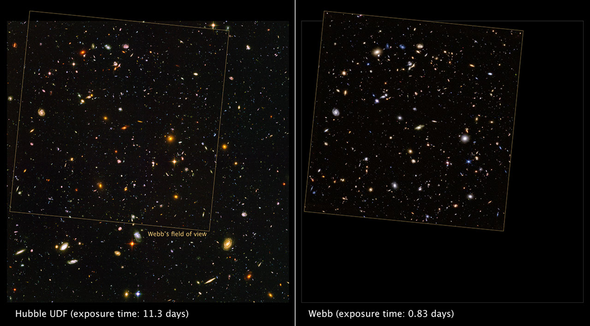 A comparison between two images, one on the left and one on the right separated by a white line. The image on the left has a caption on the bottom that says, “Hubble UDF (exposure time: 11.3 days)”, while the image on the right has a caption on the bottom that says “Webb (exposure time: 0.83 days)”. The image on the left shows thousands of galaxies with many different colors. Most are orange and yellow while others are white and blue. Many of these galaxies appear as fuzzy ovals, but others look thin and long or have distinct spiral arms. Within the image is a yellow box, angled about 30 degrees off center, which contains a label on its bottom right that says “Webb’s field of view”. The image on the right shows a box with the same angle. Inside this box are many of the same galaxies seen in the box on the left in different colors. The orange galaxies on the left image are white or yellow on the right. There are a few galaxies spread throughout the right image that are clearer than those on the left.