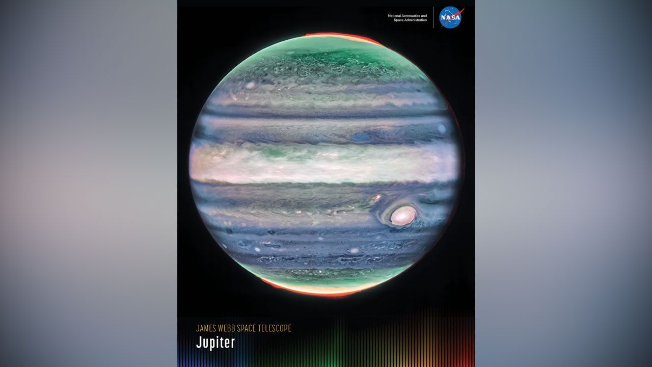 Vertically oriented poster with a colorful image of Jupiter against a black background. Title, “James Webb Space Telescope: Jupiter” is at lower left. Blue, white, and red NASA "meatball" logo and words “National Aeronautics and Space Administration” are at upper right. Along the bottom is a series of thin vertical bars ranging from purple at left to blue, green, yellow, orange, and red at right. Bars are separated slightly, with black in between. Bar colors are brightest at the bottom, fading up to black. Brightness varies from bar to bar, giving the array an undulating feel. Image shows infrared light from Jupiter translated into visible colors. The Great Red Spot in the lower right quadrant appears white with light pink around the edges. Planet’s atmospheric bands (zones and belts) form horizontal stripes of swirling pinkish-white, light to dark blue, greenish-gray, and gray. North and south polar regions appear to glow green, capped with bright yellow and orange.