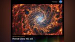 A horizontal poster displaying an infrared image of NGC 628. The galaxy's blue core, composed of older stars, is roughly centered. Its two spiral arms, which contain black pockets of different sizes, appear to rotate counterclockwise. The arms are composed of many filaments in different shades of orange, looking like a cross section of a nautilus shell. Brighter orange pockets indicate star formation. At upper right is text that reads, "National Aeronautics and Space Administration" and NASA's blue, white and red "meatball" logo. At lower left, the title text "James Webb Space Telescope" appears in small orange type on the top line with "Phantom Galaxy – NGC 628" in large white type below. Along the bottom is a series of thin vertical bars ranging from purple at left to blue, green, yellow, orange, and red at right. Bars are separated slightly, with black in between. Bar colors are brightest at the bottom, fading up to black. Brightness varies from bar to bar, giving the array an undulating feel.