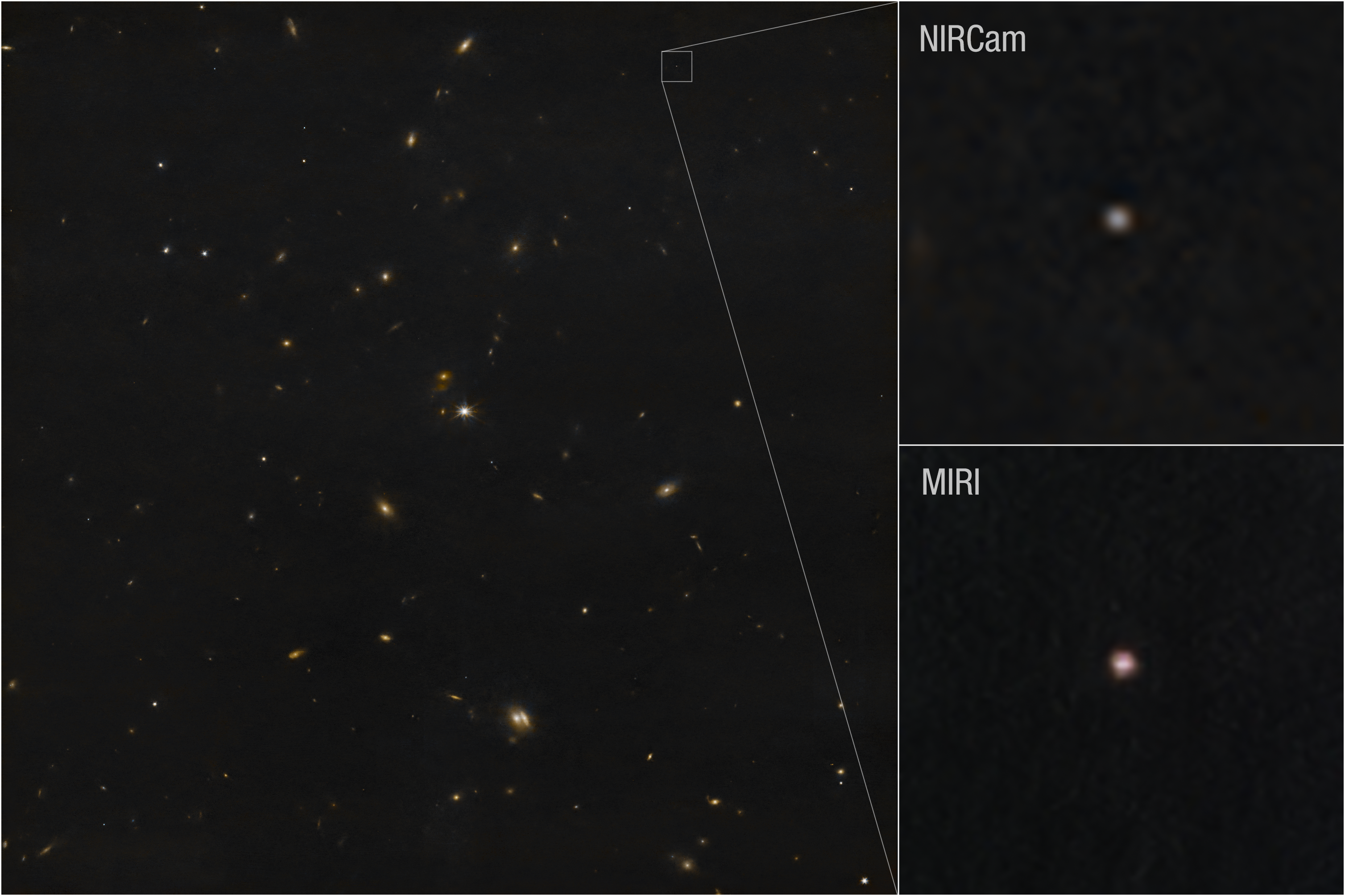A collage of three images primarily showing the black expanse of space. Two-thirds of the collage show one image of a black background sprinkled with small, blurry galaxies in orange, blue, and white. On the right side of the main image, not far from the top, a very faint dot is outlined with a white square. Two images at right, in a column show zoomed in views of this area. The top box is labeled NIRCam and shows a fuzzy dot at the center. The bottom box is labeled MIRI and shows a fuzzy pinkish dot at the center.