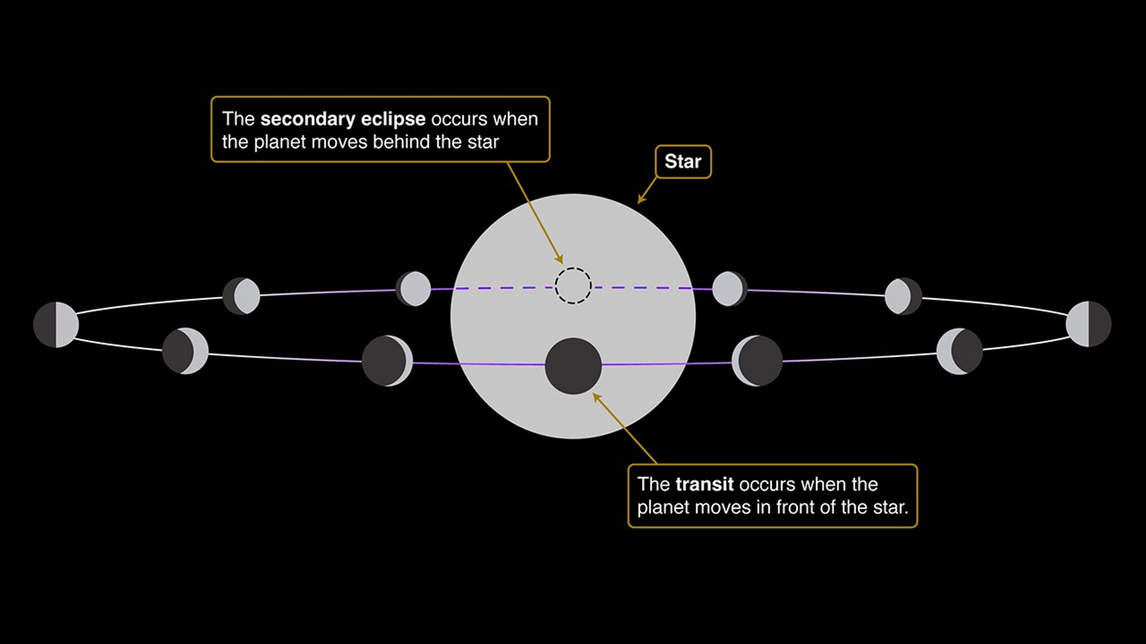 Diagram showing  planet at 12 different positions as it orbits its star.