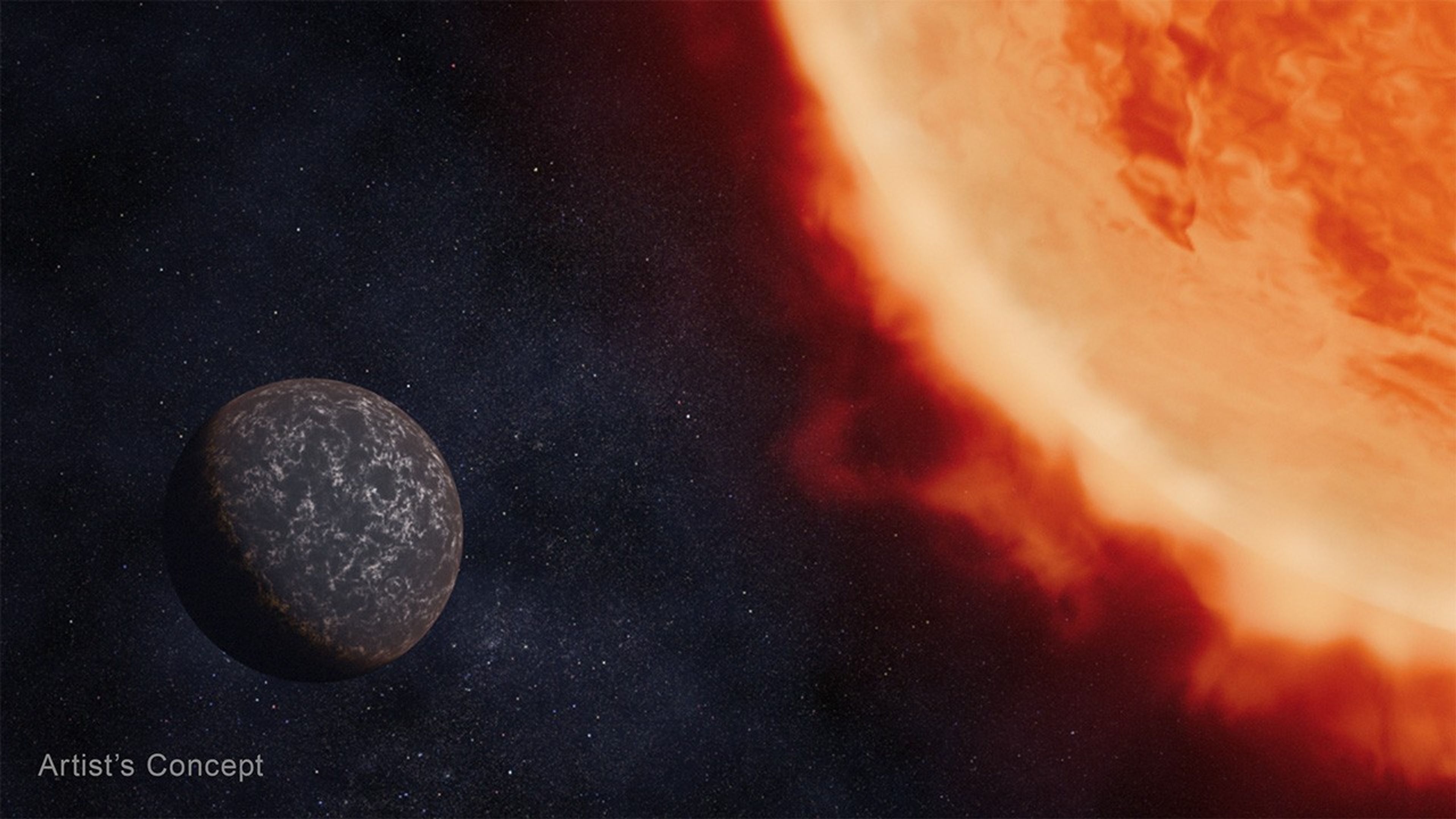 Artist's concept of a planet with a dark and light gray mottled surface moving out from behind its star. Most of the hemisphere in view is lit by the star, which has dynamic patterning and an orange coloring somewhat darker than the Sun.