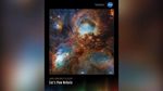 A vertically oriented poster with an image of the Cat’s Paw Nebula against a black background. Four roughly circular areas are toward the center of the frame: a small oval toward the top left, a large circle in the top center, and two ovals at bottom left and right. Each circular area, surrounded by brown filaments, glows a luminous blue. Toward the center are small, fiery red clumps scattered among the brown dust. Many yellow stars are spread throughout. Along the bottom is a series of thin vertical bars ranging from purple at left to blue, green, yellow, orange, and red at right. Bars are separated slightly, with black in between. Bar colors are brightest at the bottom, fading up to black. Brightness varies from bar to bar, giving the array an undulating feel. At upper right is text that reads, “National Aeronautics and Space Administration” and NASA’s blue, white, and red meatball insignia. Title text appears at lower left that says, “James Webb Space Telescope: Cat’s Paw Nebula.”