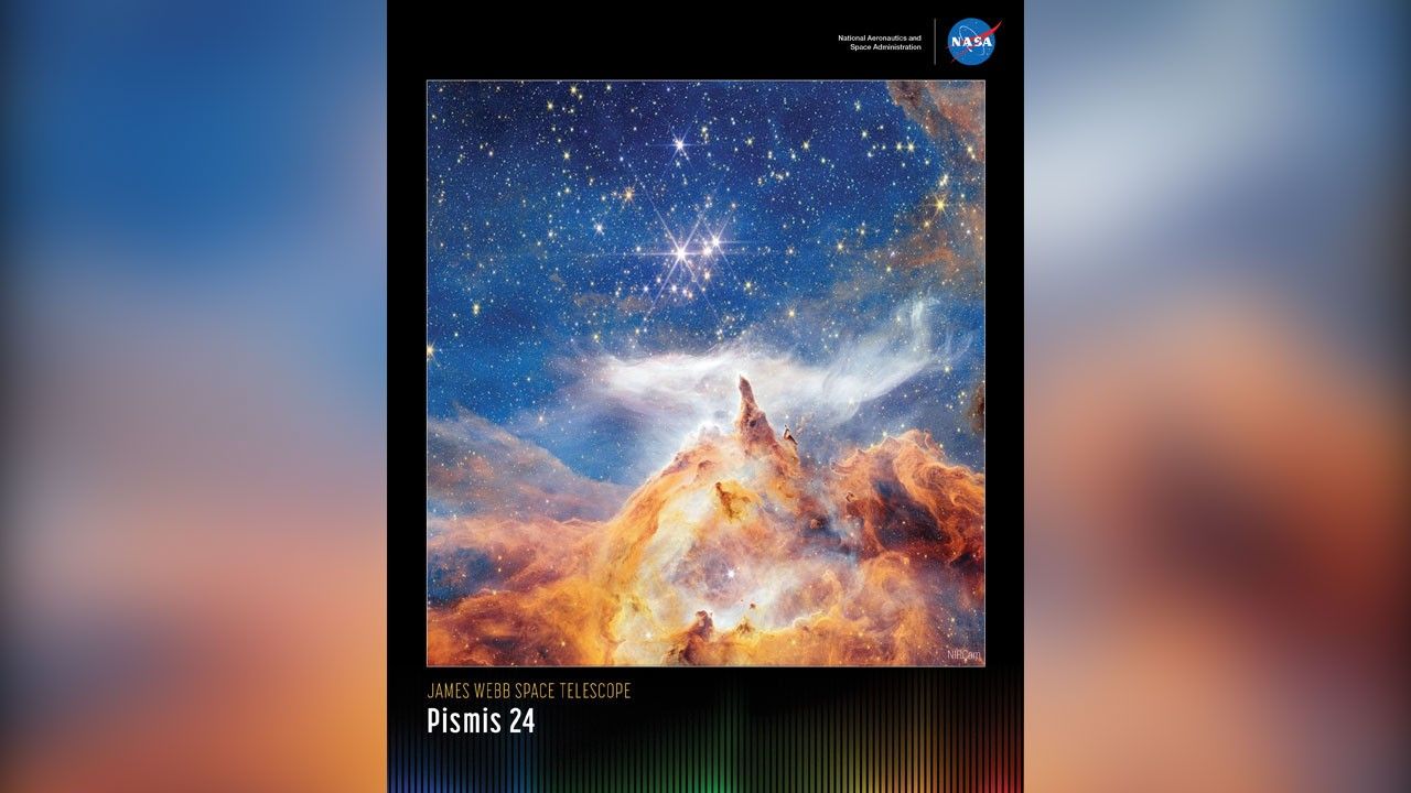 A vertically oriented poster with an image of Pismis 24 against a black background. A dark blue sky filled with white and yellow stars of different sizes covers about two thirds of the image. Across the bottom third of the scene are orange, mountain-like clouds with spire-like peaks that point toward a wispy white cloud which stretches horizontally across the scene. Dense clouds of a similar color are spread about the top right corner of the image. Along the bottom is a series of thin vertical bars ranging from purple at left to blue, green, yellow, orange, and red at right. Bars are separated slightly, with black in between. Bar colors are brightest at the bottom, fading up to black. Brightness varies from bar to bar, giving the array an undulating feel. At upper right is text that reads, “National Aeronautics and Space Administration” and NASA’s blue, white, and red meatball insignia. Title text appears at lower left that says, “James Webb Space Telescope: Pismis 24.”