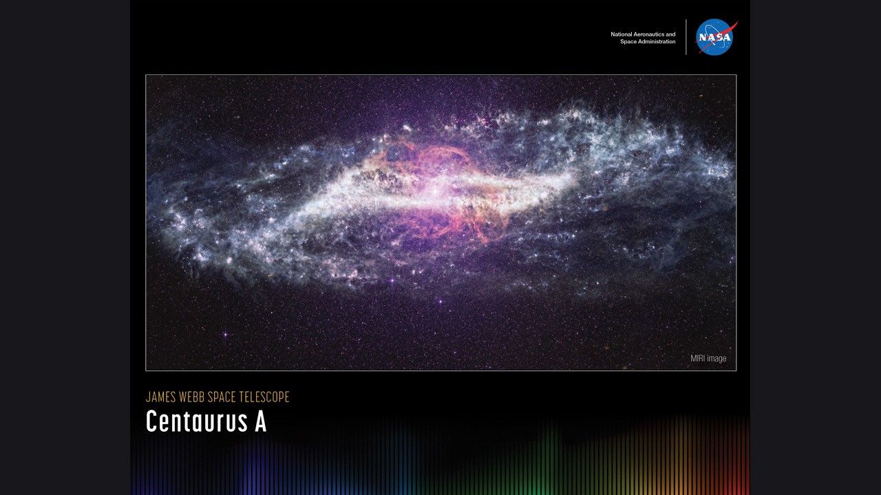 A horizontally oriented poster with an image of Centaurus A against a black background. The galaxy is brightest at its center, where a brilliant white and pink glow radiates outward. Wispy, 'S'-shaped ribbons of pink arc above and below the center of the image. A parallelogram-shaped band of gray and white dust cuts across the middle of the galaxy. The galaxy’s outer edges fade into soft textures that stretch toward the left and right sides of the image. Along the bottom is a series of thin vertical bars ranging from purple at left to blue, green, yellow, orange, and red at right. Bars are separated slightly, with black in between. Bar colors are brightest at the bottom, fading up to black. Brightness varies from bar to bar, giving the array an undulating feel. At upper right is text that reads, "National Aeronautics and Space Administration" and NASA’s blue, white, and red meatball insignia. Title text appears at lower left that says, "James Webb Space Telescope: Centaurus A."