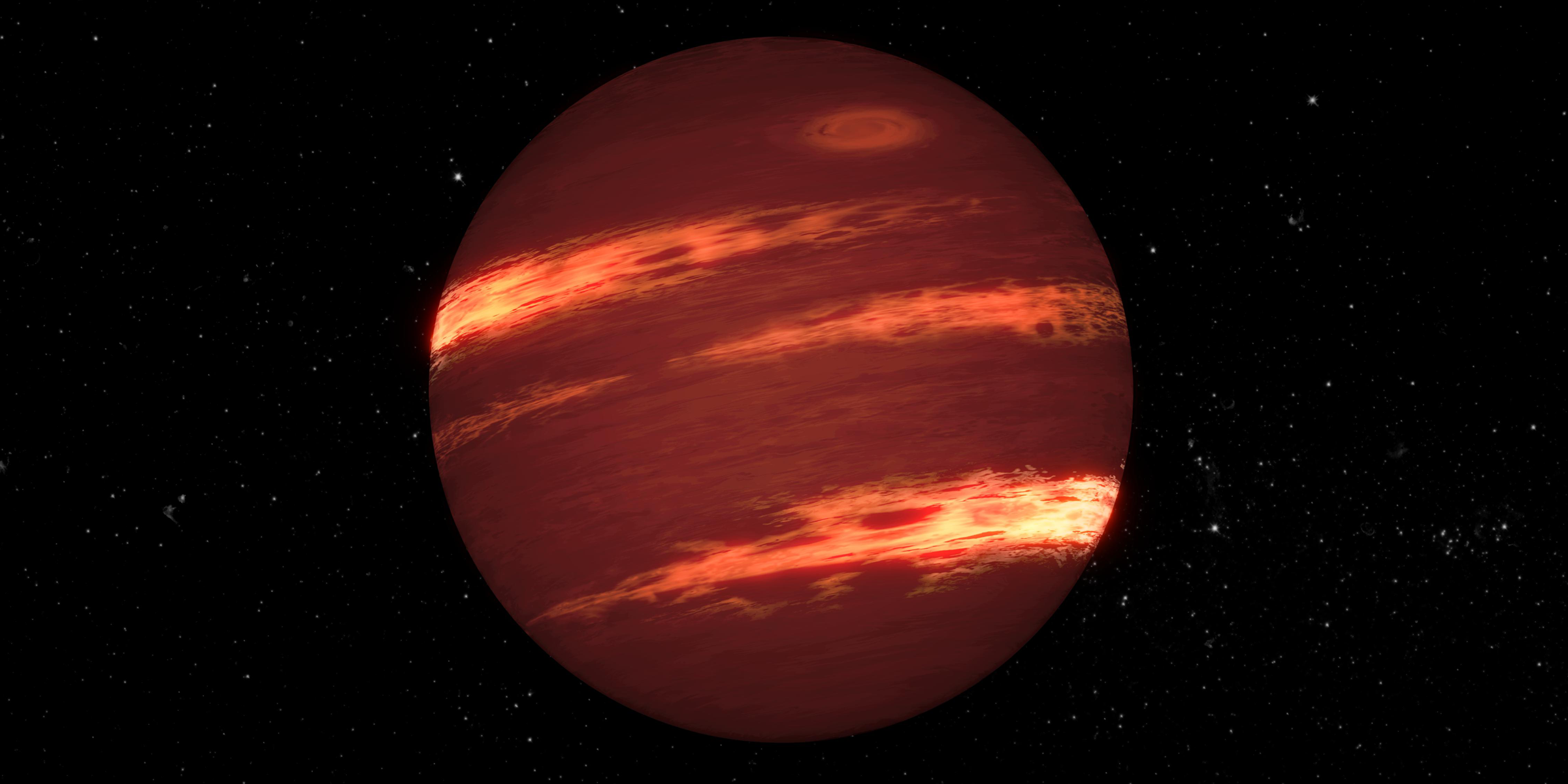 Artist's concept of a brown dwarf, which lies against the black background of space.