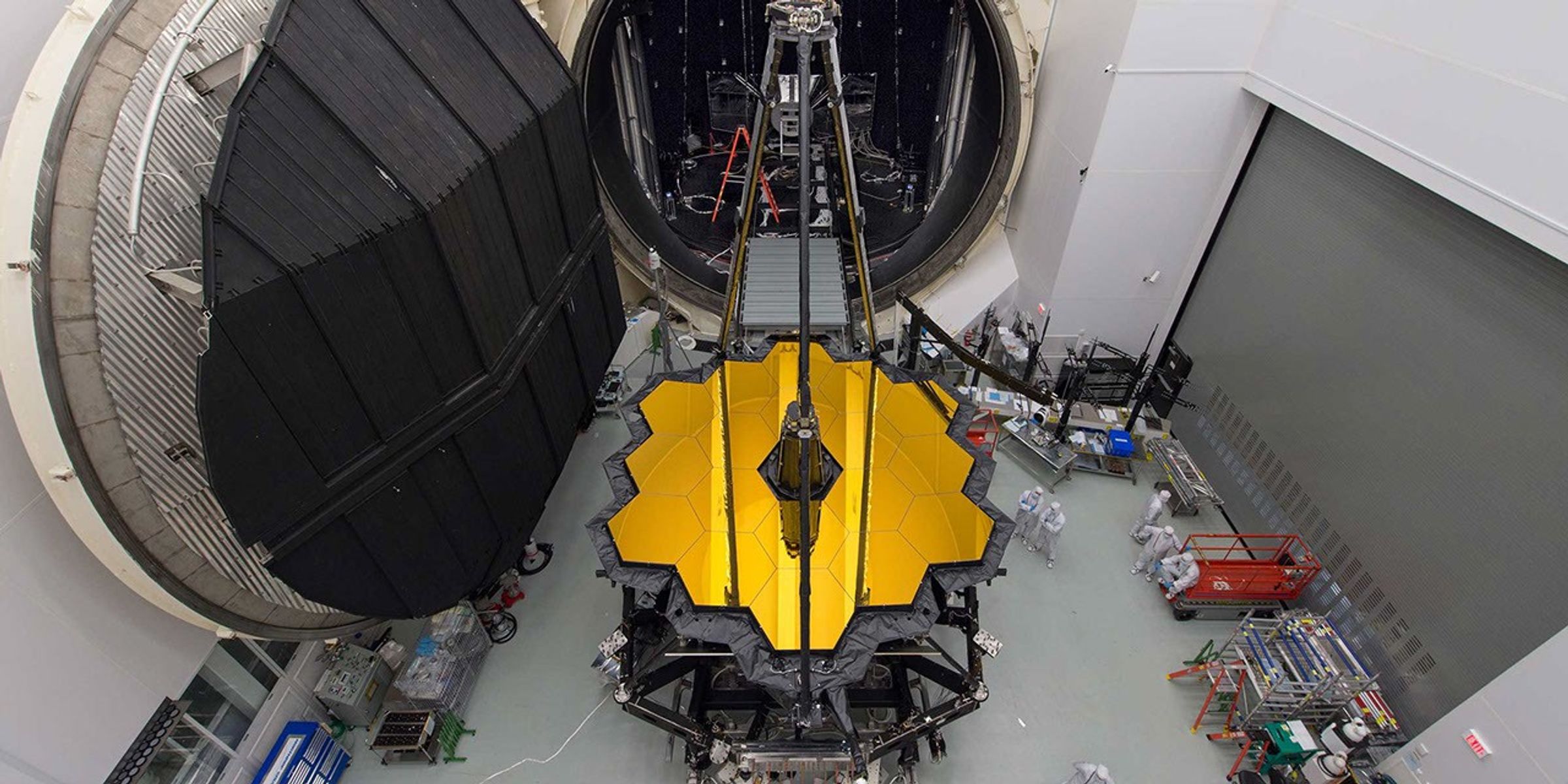 Webb Telescope Set for Testing in Space Simulation Chamber. Credit: NASA, Desiree Stover