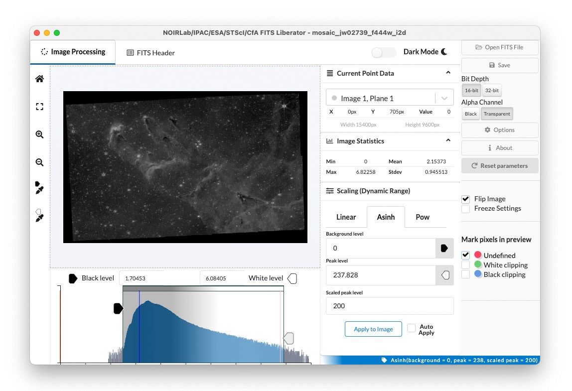 A screenshot shows an unprocessed black-and-white horizontal image of the Pillars of Creation toward the top. It does not have much contrast. A histogram appears below it to show where the information lies within the image. The right side of the screen shows specs, including Current Data Point, Image Statistics, Scaling (Dynamic Range), and additional options.