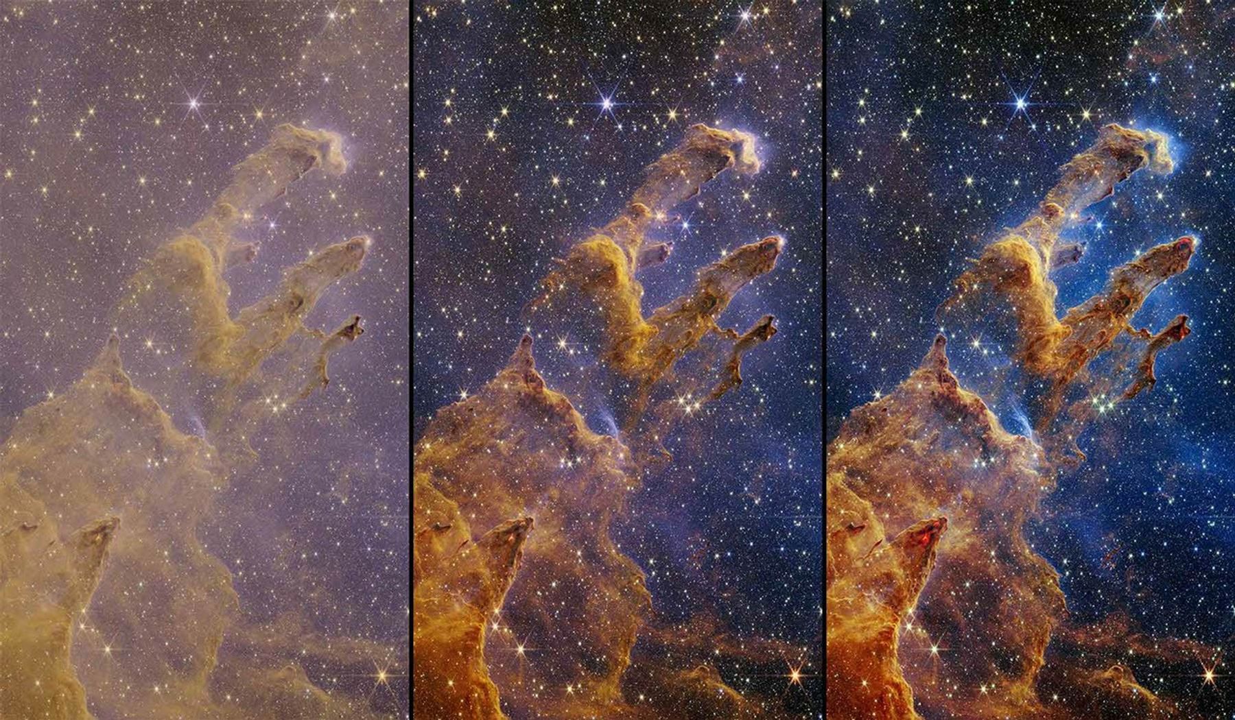Three images are shown side by side. At left is a hazy image of the Pillars of Creation. Brown pillars rise from bottom left to top right. The background is a light purple. At center, a clearer image shows a deeper indigo background and clearer brown pillars in the same orientation. At right, the final full-color composite image shows the same scene, but has crisp layers of semi-opaque rusty red colored gas and dust that starts at the bottom left and goes toward the top right. The peaks of the second and third pillars are set off in darker shades of brown and have red outlines. The background is range of crisp blues.