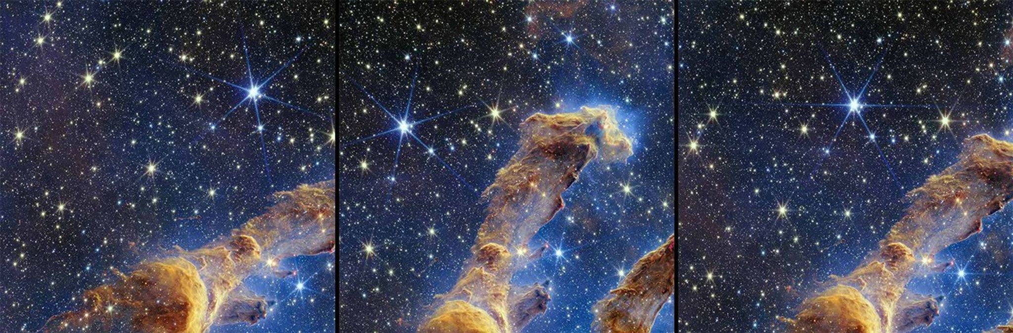 At left, a section of the Pillars of Creation shows diffraction spikes on its stars angled left to right, and right to left. At center, a section of the Pillars of Creation shows diffraction spikes on its stars angled right to left, and left to right. At right, a section of the Pillars of Creation shows the diffraction spikes at the center of its stars perfectly horizontal.
