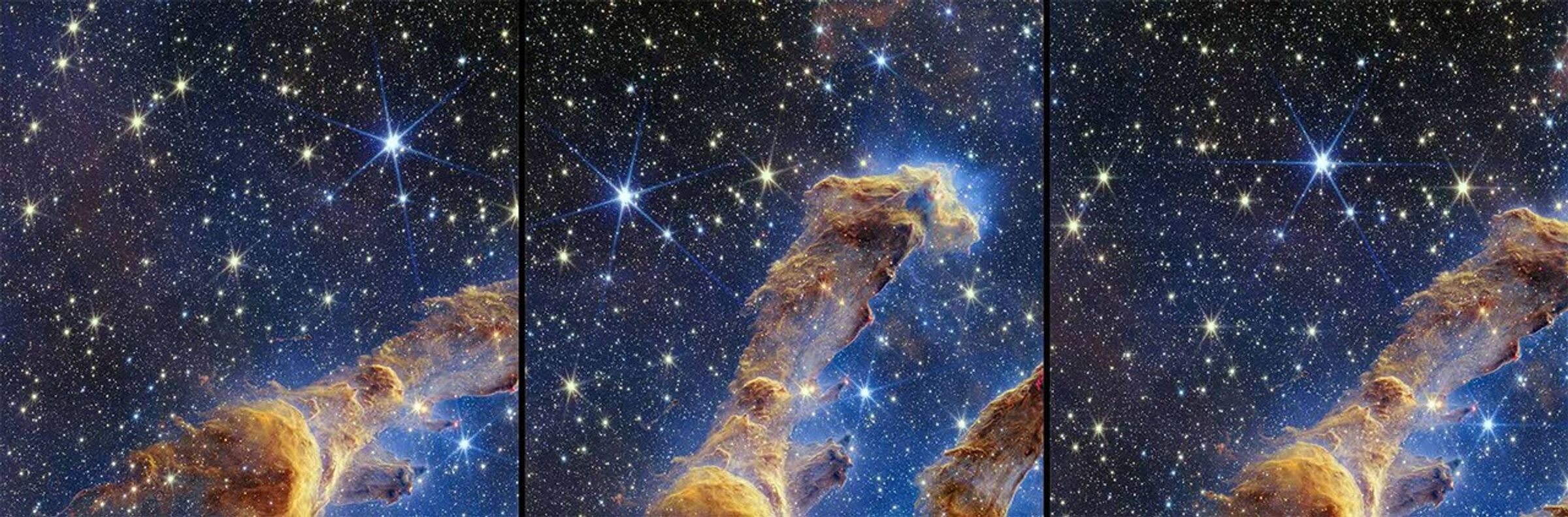 At left, a section of the Pillars of Creation shows diffraction spikes on its stars angled left to right, and right to left. At center, a section of the Pillars of Creation shows diffraction spikes on its stars angled right to left, and left to right. At right, a section of the Pillars of Creation shows the diffraction spikes at the center of its stars perfectly horizontal.