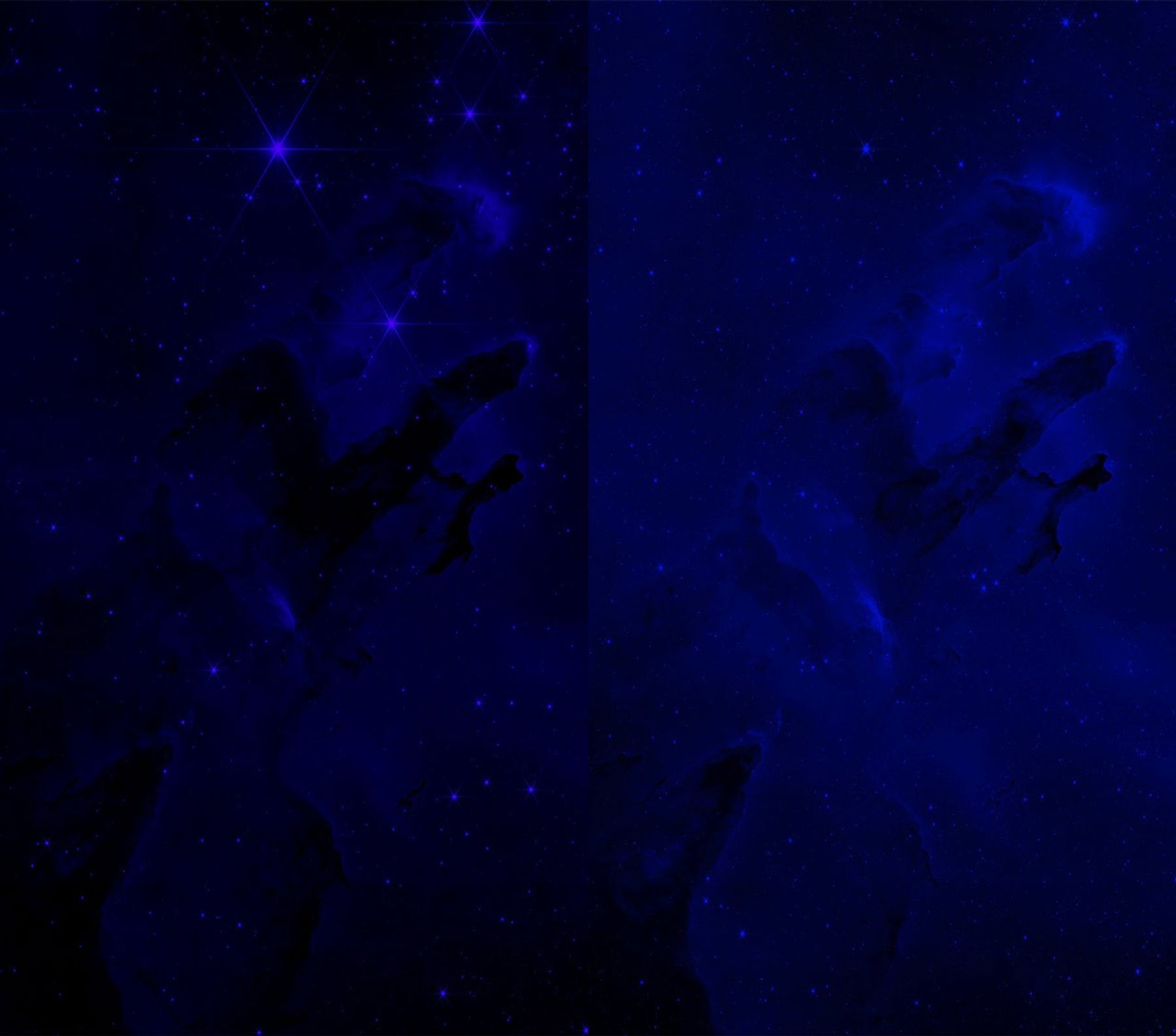 The Pillars of Creation are shown in deep violet at left, with very little contrast, and cyan at right, which still does not have a lot of contrast.