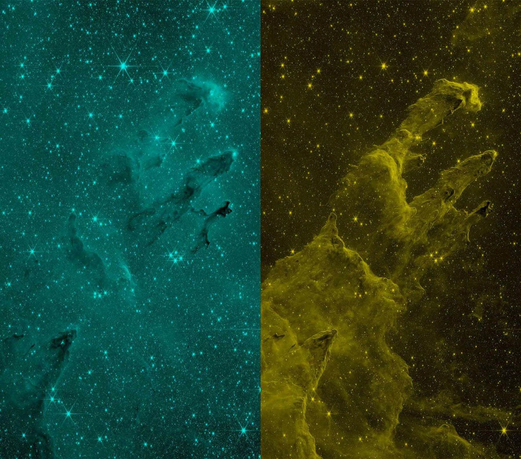 The Pillars of Creation are shown in a teal-green at left, which looks more washed out, and yellow at right, which more clearly shows the pillars.