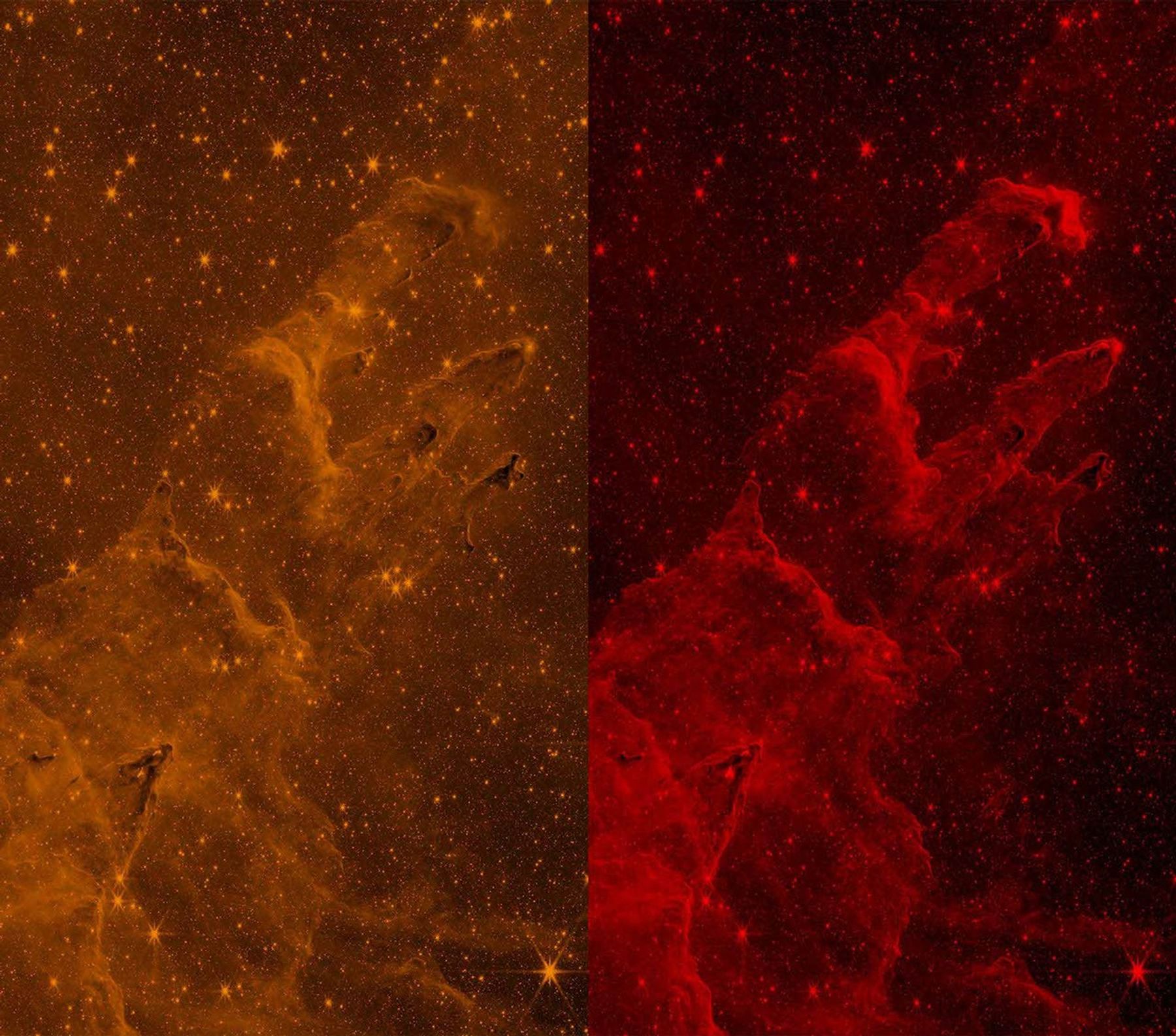 The Pillars of Creation are shown in orange at left, which looks more washed out, and red at right, where the pillars pop clearly into view at right.