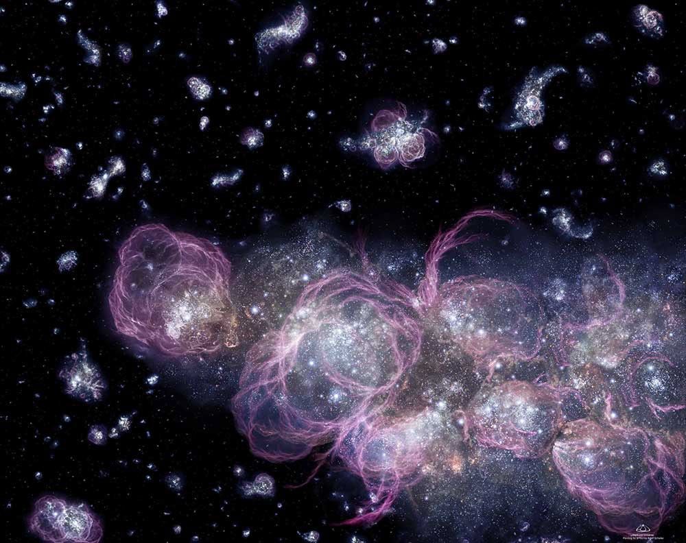 This artist's impression of how the very early Universe might have looked shows colliding protogalaxies less than 1 billion years after the big bang.
