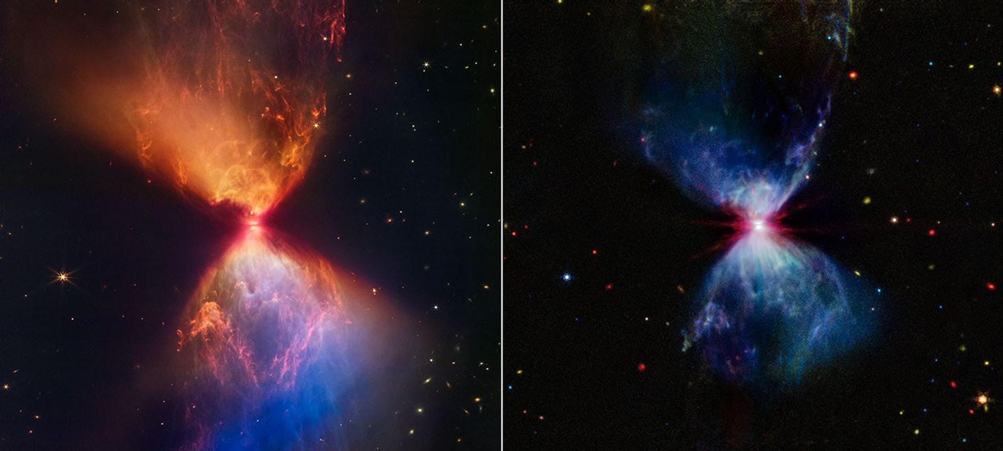 Two views of the same object, a forming protostar surrounded by a large hourglass-shaped nebula known as L1527. Webb’s near-infrared image is at left, and its mid-infrared image is at right. The hourglass is slightly larger in near-infrared. Click View Description for more information.