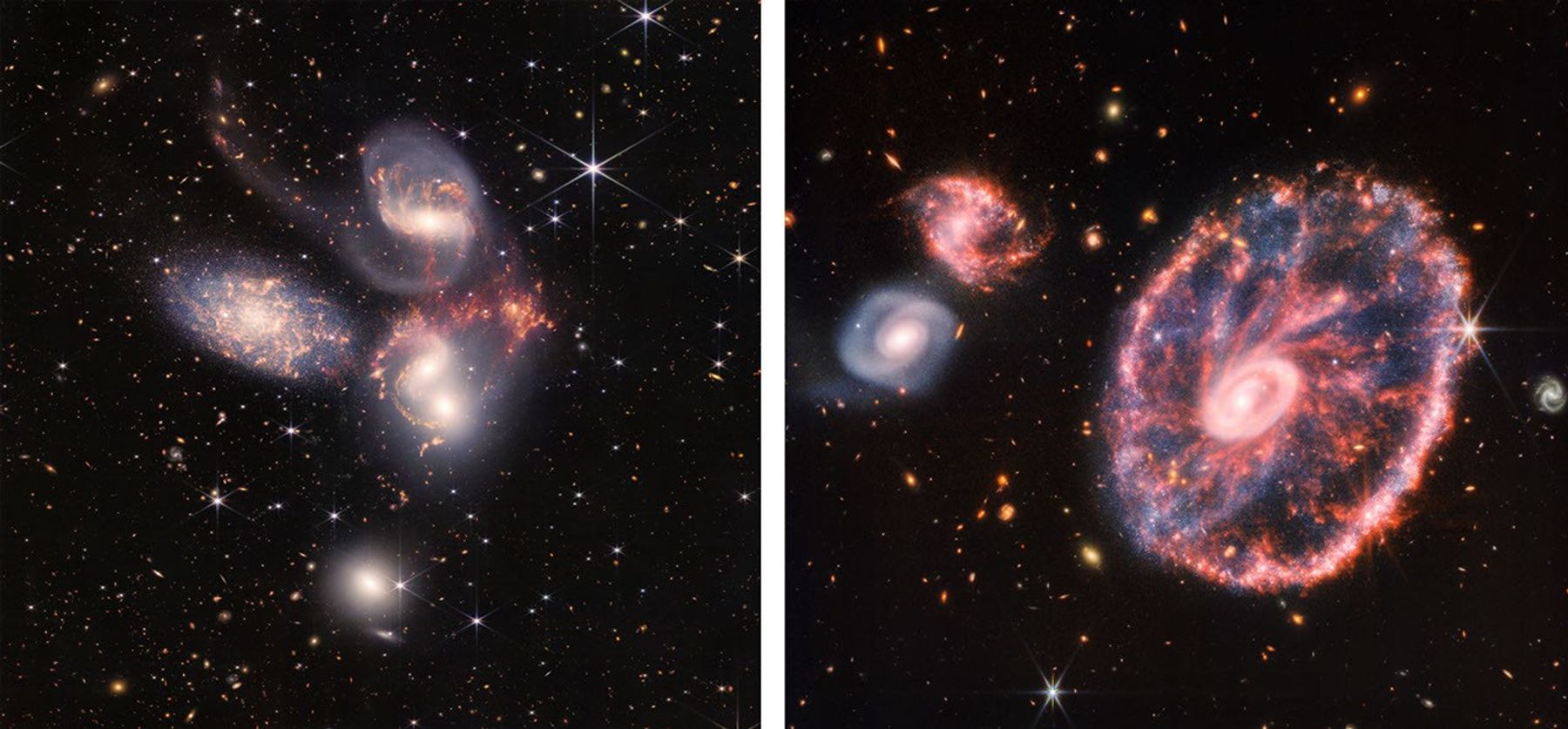 Two images: At left, Stephan’s Quintet is shown as a colorful group of galaxies with hundreds of background galaxies and numerous foreground stars. At right, the Cartwheel Galaxy appears as a large ring-shaped galaxy with two smaller spiral companion galaxies, all seen face-on, with a background of much smaller, more distant galaxies of various colors, shapes, and sizes. Click the links in the caption for more descriptive alt text.