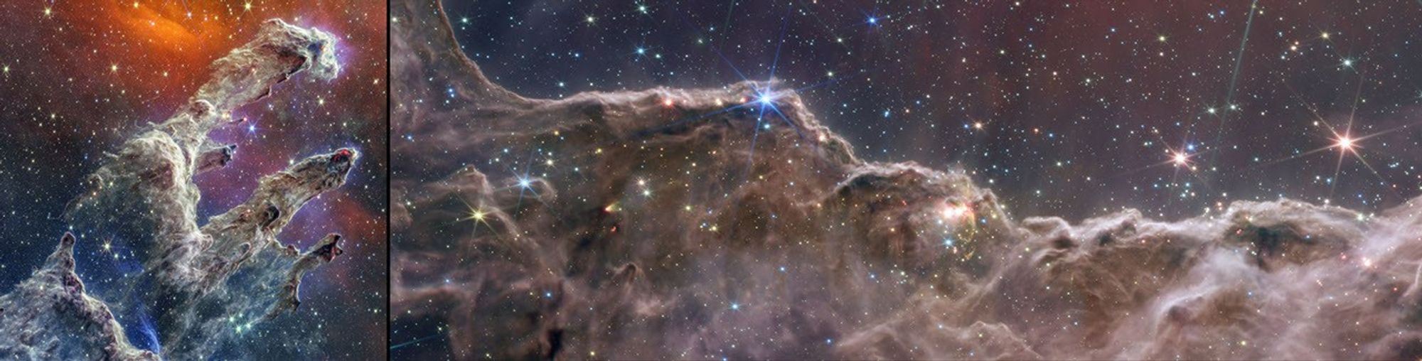 Two images shown, the left takes up about a quarter of the composite. At left is a square-image of the Pillars of Creation composite, which shows layers of semi-opaque brown- and purple-colored gas and dust that starts at the bottom left and goes toward the top right. There are three prominent pillars rising toward the top right. The top pillar is the largest and widest. The peaks of the second and third pillars are set off in darker shades of brown and have red areas. At right is a wide composite image of the Cosmic Cliffs in the Carina Nebula. It shows a dense gray-green undulating cloudscape below a deep blue-gray starscape with scattered eight-pointed stars.