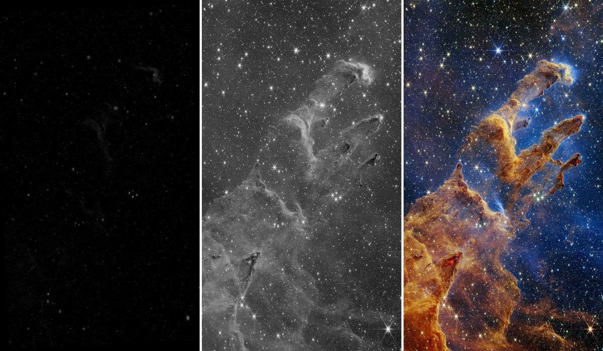 Three-part image shows an almost completely black image at left. At center is a black-and-white image of the Pillars of Creation. At right is a full-color composite of the Pillars of Creation. The third image has crisp layers of semi-opaque rusty red colored gas and dust that starts at the bottom left and goes toward the top right. There are three prominent pillars rising toward the top right. The left pillar is the largest and widest. The peaks of the second and third pillars are set off in darker shades of brown and have red outlines. These details are mostly clear in the second image, but only appear in black and white.
