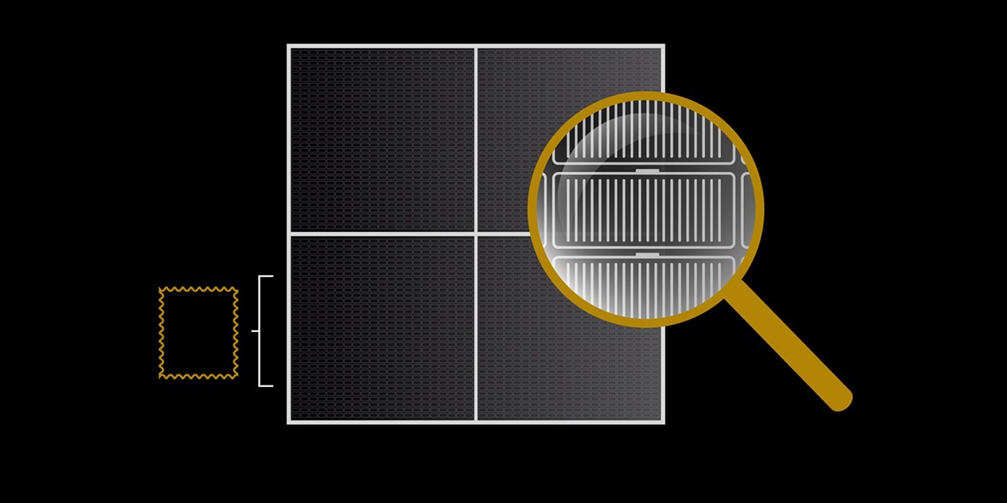 Quadrants with white outlines are centered against a black background. Below the bottom left quadrant is an outline of a stamp. An illustrated magnifying glass appears over the two quadrants on the right. Within the magnifying glass, three microshutters are enlarged. When looking again at the four quadrants, it becomes clear that each quadrant has very hazy outlines of hundreds of thousands of tiny microshutters.