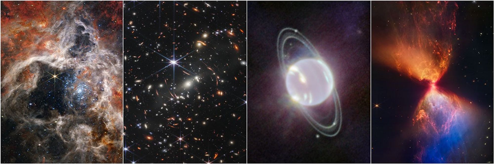 Four Webb images shown evenly spaced in one row. The Tarantula Nebula has tan-colored clouds with rust-colored highlights, surrounding a black central area containing a bright cluster of sparkling pale blue stars that scatter outward from a densely packed center. One bright yellow star stands out in the central open area, with eight long thin points. Webb’s First Deep Field shows thousands of distant galaxies of different shapes, sizes, colors, and brightness with a scattering of bright foreground stars. A closeup of Neptune shows a glowing sphere, mostly white, with a few extremely bright patches splattered throughout the sphere’s bottom half, which represent methane-ice clouds. The glowing sphere is accompanied by several narrow, faint rings, 2 thinner, crisper rings and 2 broader, fainter rings. There are 6 tiny white dots, near or within the rings, that represent its moons. At far right is L1527, a forming protostar surrounded by a large hourglass-shaped nebula. The top is orange, and the bottom begins red-orange and switches to bright blue toward the bottom. It’s set against a black background.