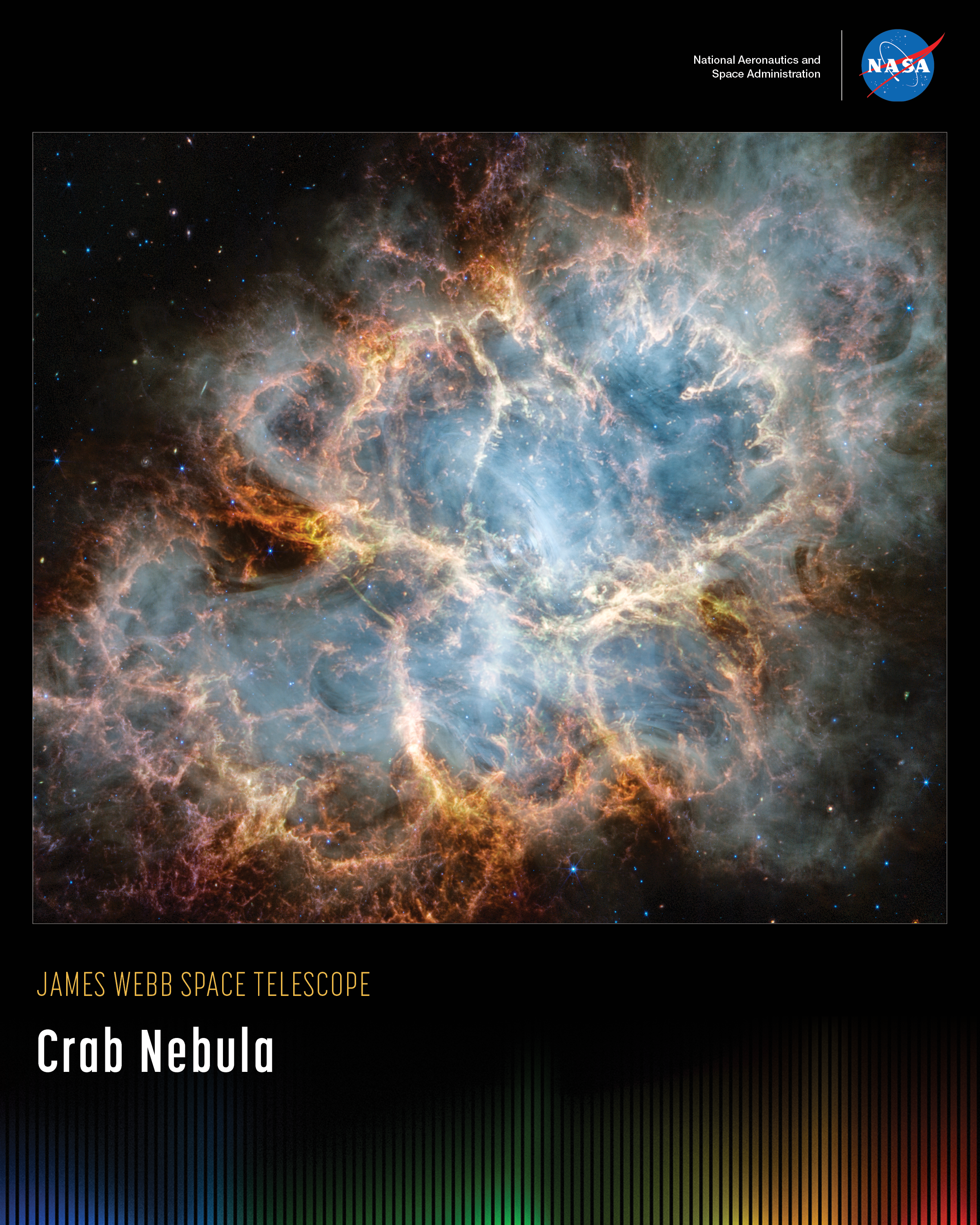 A vertical poster with an image of the Crab Nebula against a black background. On the oval-shaped nebula’s exterior lie curtains of glowing red and orange fluffy material. Translucent thin ribbons of smoky white lie within the remnant’s interior, brightest toward its center, and become more diffuse further outward. A faint, wispy ring of white material encircles the very center of the nebula. There are many blue, red, and yellow points throughout the image. Along the bottom is a series of thin vertical bars ranging from purple at left to blue, green, yellow, orange, and red at right. Bars are separated slightly, with black in between. Bar colors are brightest at the bottom, fading up to black. Brightness varies from bar to bar, giving the array an undulating feel. At upper right is text that reads, "National Aeronautics and Space Administration" and NASA’s blue, white, and red meatball insignia. Title text appears at lower left that says, "James Webb Space Telescope: Crab Nebula."