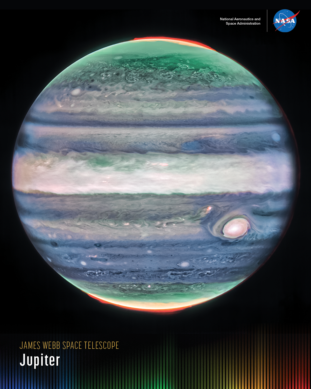 Vertically oriented poster with a colorful image of Jupiter against a black background. Title, “James Webb Space Telescope: Jupiter” is at lower left. Blue, white, and red NASA "meatball" logo and words “National Aeronautics and Space Administration” are at upper right. Along the bottom is a series of thin vertical bars ranging from purple at left to blue, green, yellow, orange, and red at right. Bars are separated slightly, with black in between. Bar colors are brightest at the bottom, fading up to black. Brightness varies from bar to bar, giving the array an undulating feel. Image shows infrared light from Jupiter translated into visible colors. The Great Red Spot in the lower right quadrant appears white with light pink around the edges. Planet’s atmospheric bands (zones and belts) form horizontal stripes of swirling pinkish-white, light to dark blue, greenish-gray, and gray. North and south polar regions appear to glow green, capped with bright yellow and orange.