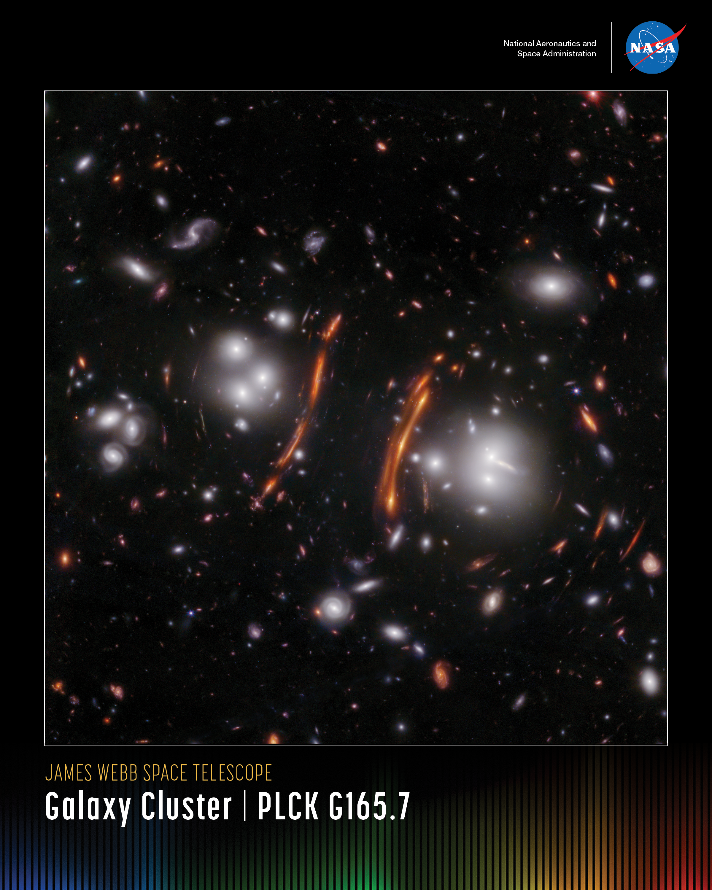 A vertical poster with an image of PLCK G165.7 against a black background. At left of center of the image, there is a red arc that stretches from 2 to 7 o’clock. At its left is a cluster of a few white galaxies. At right of the center, there are red arcs stretching from 3 to 5 o’clock, and a set of white galaxies at their right. There are white, blue, and red galaxies spread throughout with a few arc-shaped galaxies near the white galaxy clusters. Along the bottom is a series of thin vertical bars ranging from purple at left to blue, green, yellow, orange, and red at right. Bars are separated slightly, with black in between. Bar colors are brightest at the bottom, fading up to black. Brightness varies from bar to bar, giving the array an undulating feel. At upper right is text that reads, &quot;National Aeronautics and Space Administration&quot; and NASA's blue, white, and red meatball insignia. Title text appears at lower left that says, &quot;James Webb Space Telescope: Galaxy Cluster, PLCK G165.7.&quot;