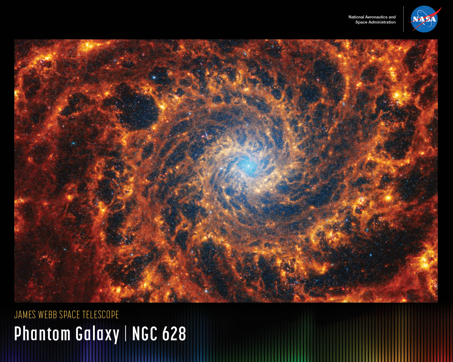 A horizontal poster displaying an infrared image of NGC 628. The galaxy's blue core, composed of older stars, is roughly centered. Its two spiral arms, which contain black pockets of different sizes, appear to rotate counterclockwise. The arms are composed of many filaments in different shades of orange, looking like a cross section of a nautilus shell. Brighter orange pockets indicate star formation. At upper right is text that reads, "National Aeronautics and Space Administration" and NASA's blue, white and red "meatball" logo. At lower left, the title text "James Webb Space Telescope" appears in small orange type on the top line with "Phantom Galaxy – NGC 628" in large white type below. Along the bottom is a series of thin vertical bars ranging from purple at left to blue, green, yellow, orange, and red at right. Bars are separated slightly, with black in between. Bar colors are brightest at the bottom, fading up to black. Brightness varies from bar to bar, giving the array an undulating feel.