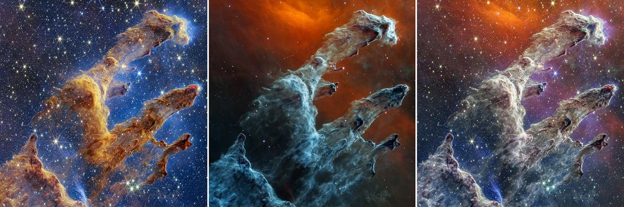 Three Webb images shown side by side in three even areas. From left to right, a near-infrared image, a mid-infrared image, and a composite of the two. All three show several similar features, including many layers and pillars of semi-opaque gas and dust that overlay one another. The first pillar starts at the bottom left and extends to the top right. Below the top pillar are two slightly smaller pillars. In near-infrared, the pillars are light brown and dark brown, the background is washed in shades of bright blue, and there are thousands of stars. In mid-infrared, the pillars are light blue and dark gray-blue. The background is in shades of red, and there are only several dozen tiny bright white and blue stars overall. In the composite, the pillars appear light gray and dark gray. The background is blue at bottom left, orange at top center, and hazy pink outside the pillars. Thousands of stars are spread throughout the scene. Please reference the extended text description for more details.