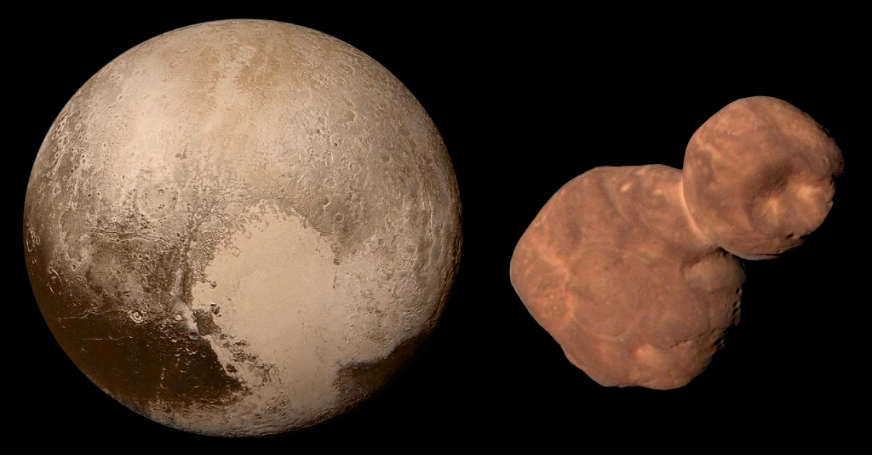 Images of the trans-Neptunian objects (TNOs) Pluto [left] and Arrokoth [right], the primary flyby targets of NASA’s New Horizons spacecraft in 2015 and 2019.