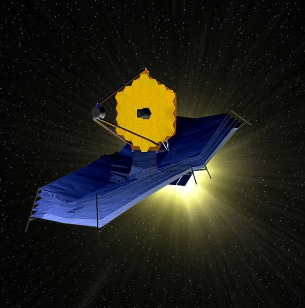 Artist's concept of the James Webb Space Telescope design with a blue sunshield and golden hexagon-shaped mirror